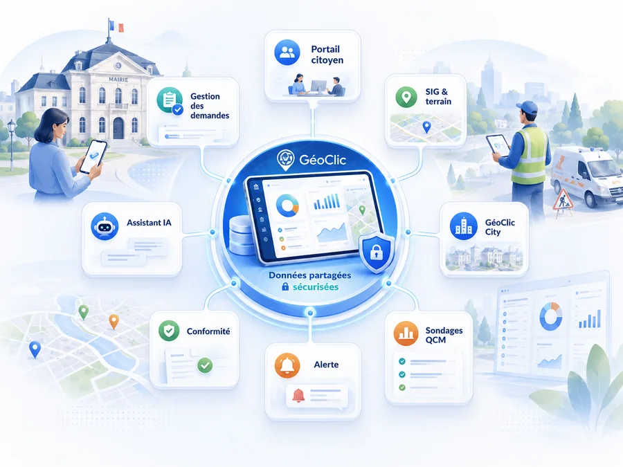 Schéma illustré de la plateforme GéoClic : un noyau central de données partagées et sécurisées relie le portail citoyen, la gestion des demandes, le SIG terrain, GéoClic City, l'assistant IA, la conformité, les alertes et les sondages QCM