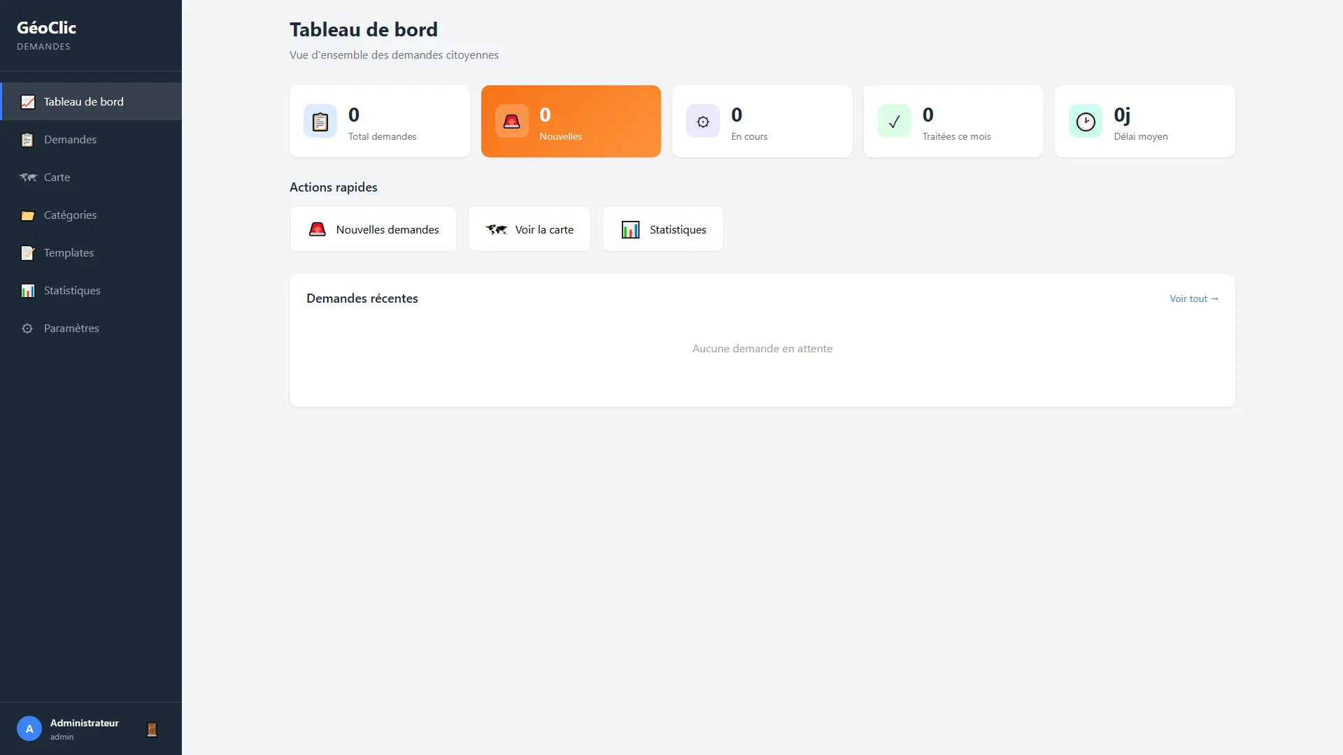 Capture d'écran du back-office GéoClic de gestion des requêtes citoyennes : liste des demandes avec statuts et services