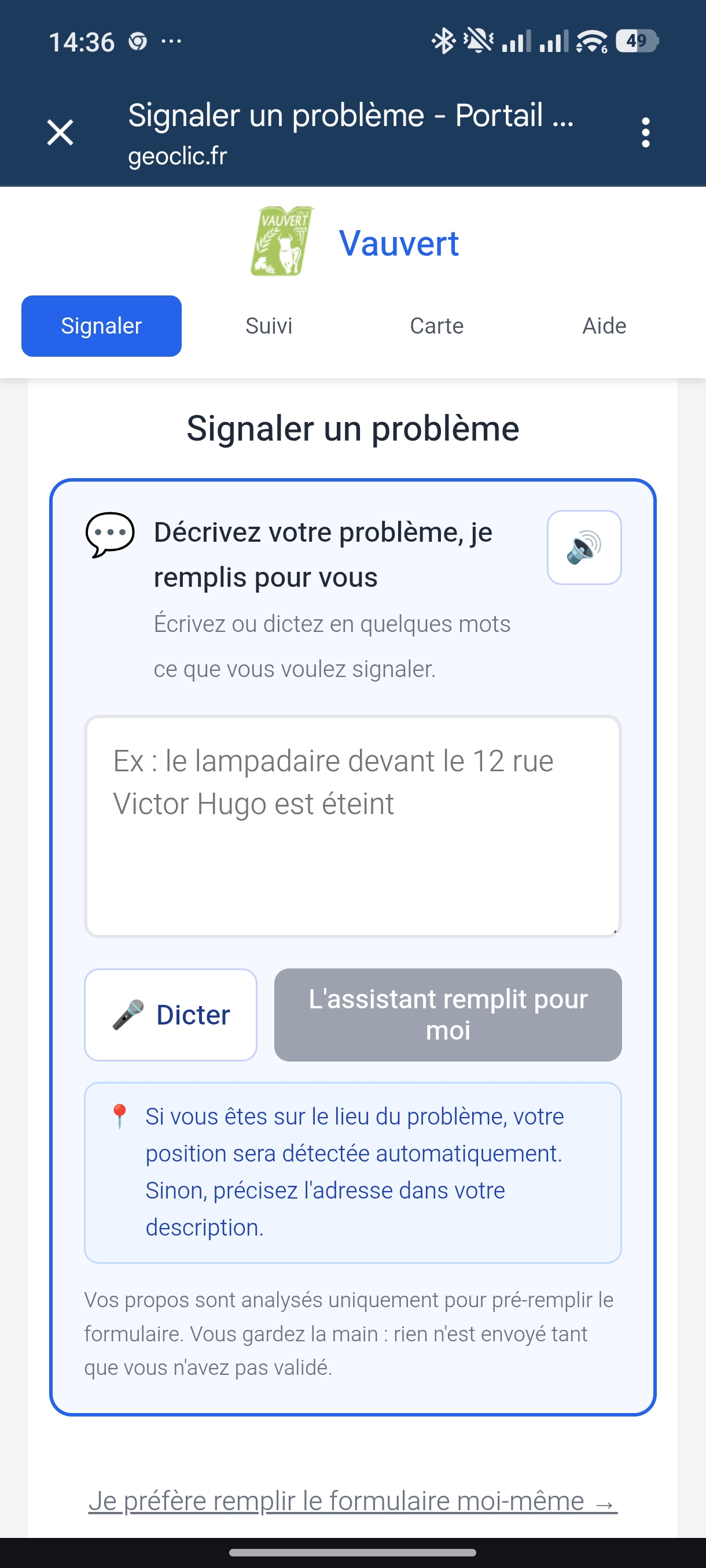 Capture d'écran de l'assistant IA Géo du portail citoyen GéoClic : le citoyen décrit son problème, l'IA pré-remplit le signalement