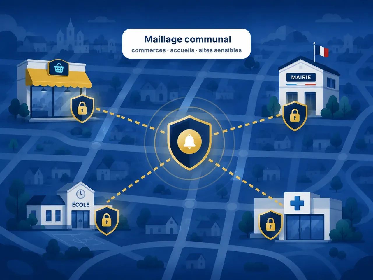Illustration : mairie, commerces et Police Municipale connectés par GéoClic Alerte