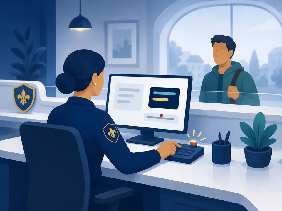 Illustration : un agent d'accueil déclenche discrètement une alerte